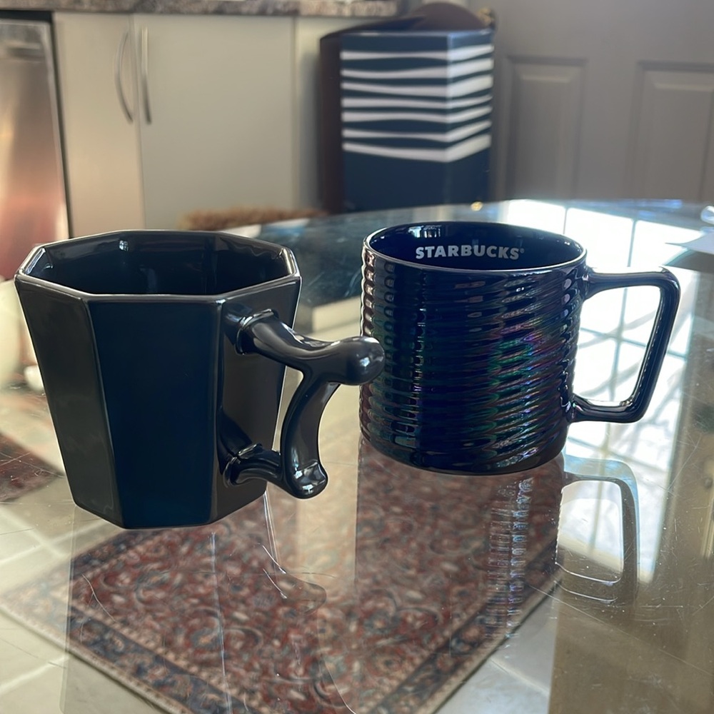Starbucks, lovely iridescent mugs, 1 purple 12 oz NWT, 1 gray 14 oz as new.